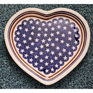 Boleslawiec Polish Pottery Heart Plate Star Patriotic Hand Painted Dish Stripes